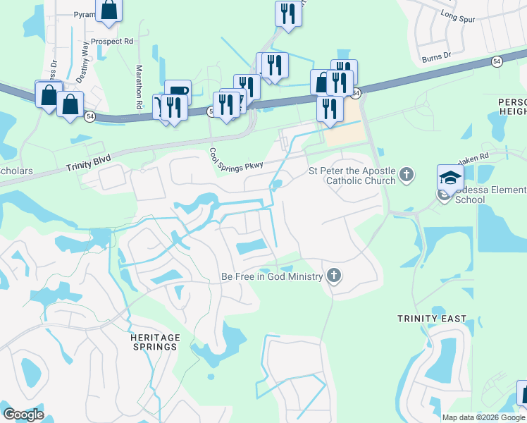 map of restaurants, bars, coffee shops, grocery stores, and more near 1852 Arbor Knoll Loop in Trinity
