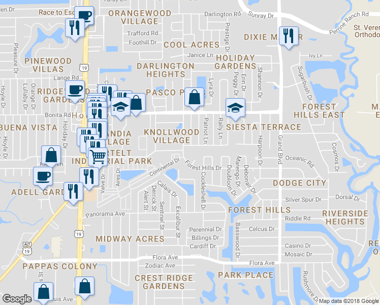 map of restaurants, bars, coffee shops, grocery stores, and more near 1750 Arcadia Road in Holiday