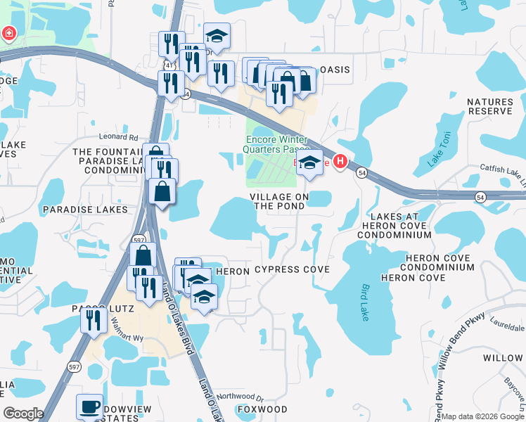 map of restaurants, bars, coffee shops, grocery stores, and more near 1909 Brainerd Court in Lutz