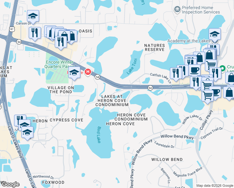 map of restaurants, bars, coffee shops, grocery stores, and more near 1912 Hammocks Avenue in Lutz