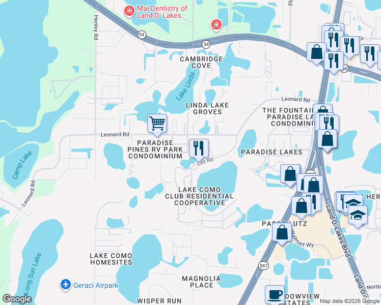 map of restaurants, bars, coffee shops, grocery stores, and more near 1960 Andrews Loop in Lutz