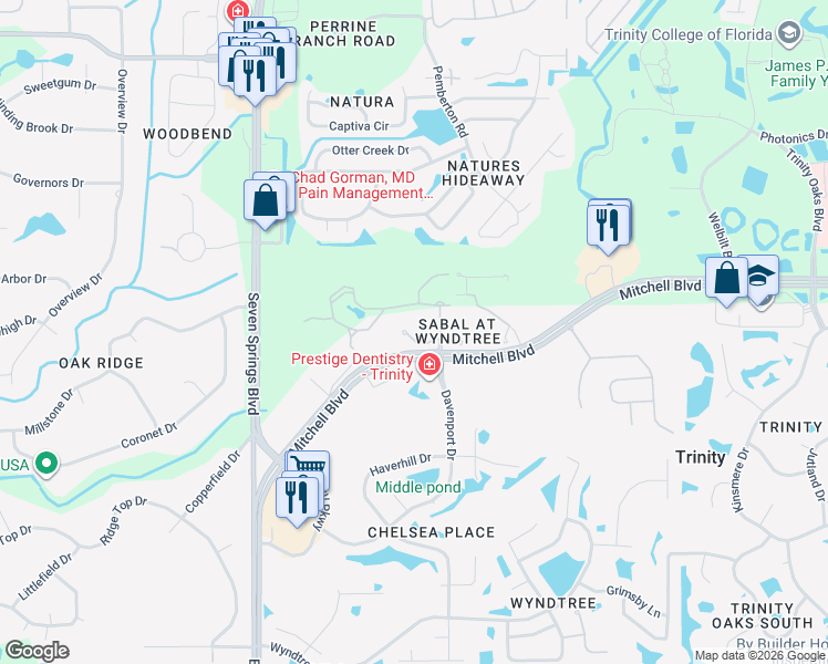 map of restaurants, bars, coffee shops, grocery stores, and more near 7246 Gaberia Road in Trinity
