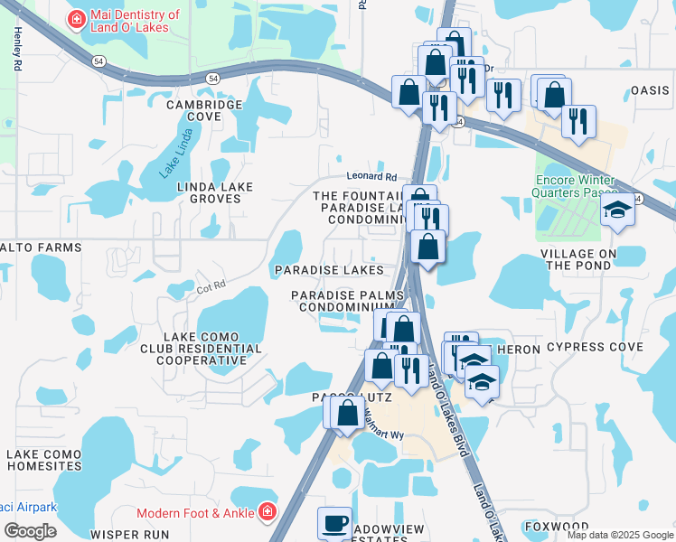 map of restaurants, bars, coffee shops, grocery stores, and more near in Land O' Lakes