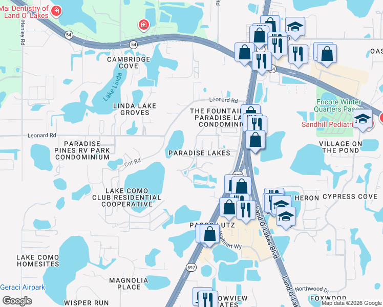 map of restaurants, bars, coffee shops, grocery stores, and more near 20865 Haulover Cove Road in Lutz