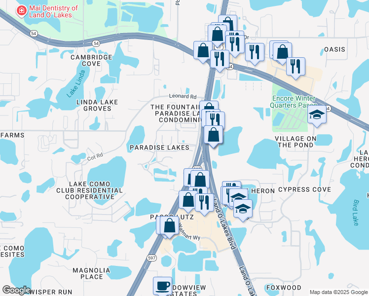 map of restaurants, bars, coffee shops, grocery stores, and more near 21007 Sunpoint Way in Lutz