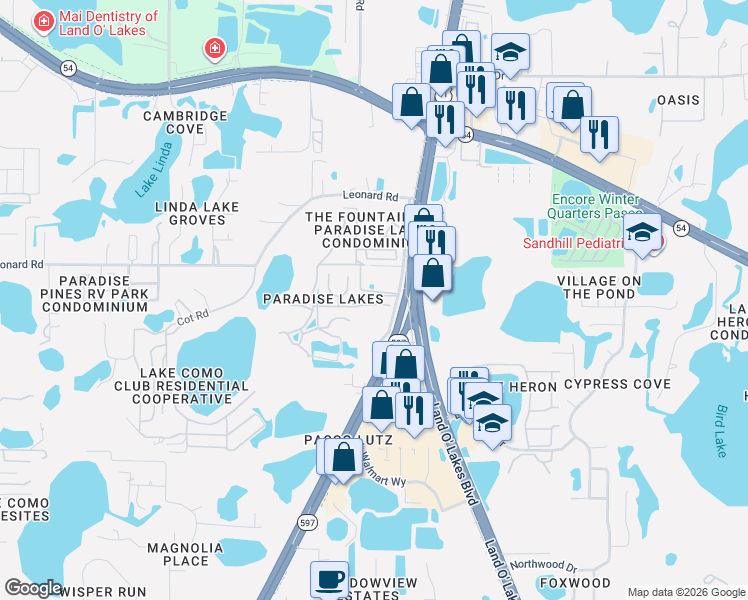 map of restaurants, bars, coffee shops, grocery stores, and more near 21019 Sunpoint Way in Lutz