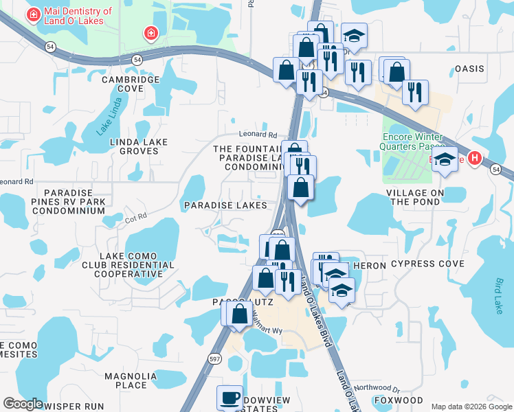 map of restaurants, bars, coffee shops, grocery stores, and more near 21007 Sunpoint Way in Lutz