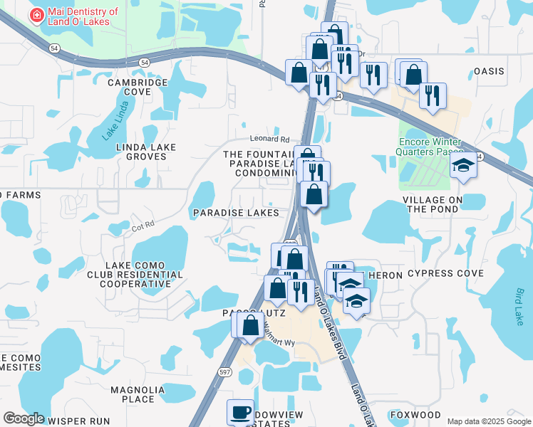 map of restaurants, bars, coffee shops, grocery stores, and more near 21007 Sunpoint Way in Lutz