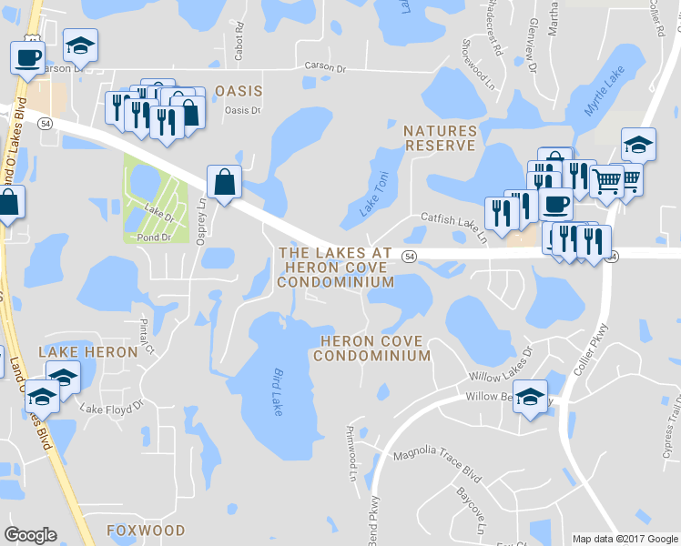map of restaurants, bars, coffee shops, grocery stores, and more near 1930 Hammocks Avenue in Lutz