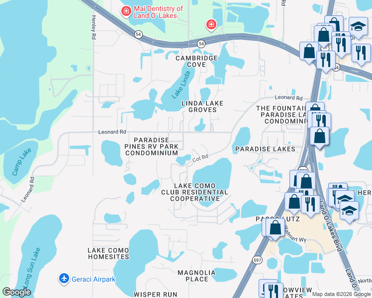 map of restaurants, bars, coffee shops, grocery stores, and more near 1960 Andrews Loop in Lutz