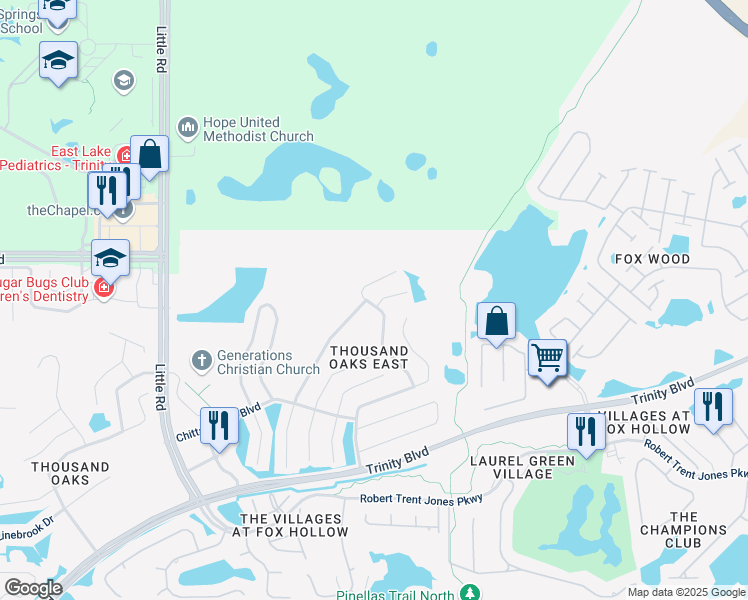 map of restaurants, bars, coffee shops, grocery stores, and more near 1805 Sumac Court in Trinity