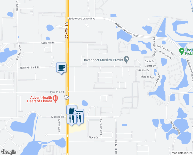 map of restaurants, bars, coffee shops, grocery stores, and more near 120 Seville Drive in Davenport