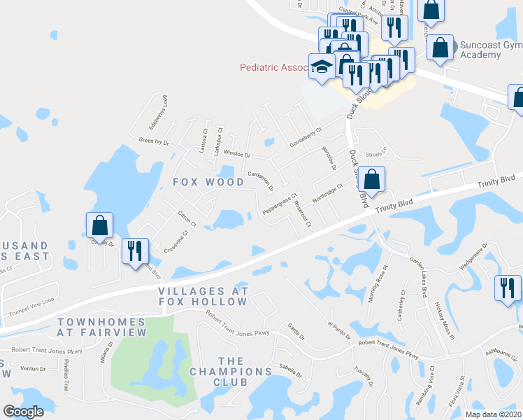 map of restaurants, bars, coffee shops, grocery stores, and more near 10431 Peppergrass Court in Trinity