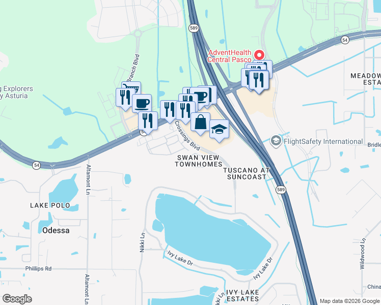 map of restaurants, bars, coffee shops, grocery stores, and more near 16247 Swan View Circle in Odessa
