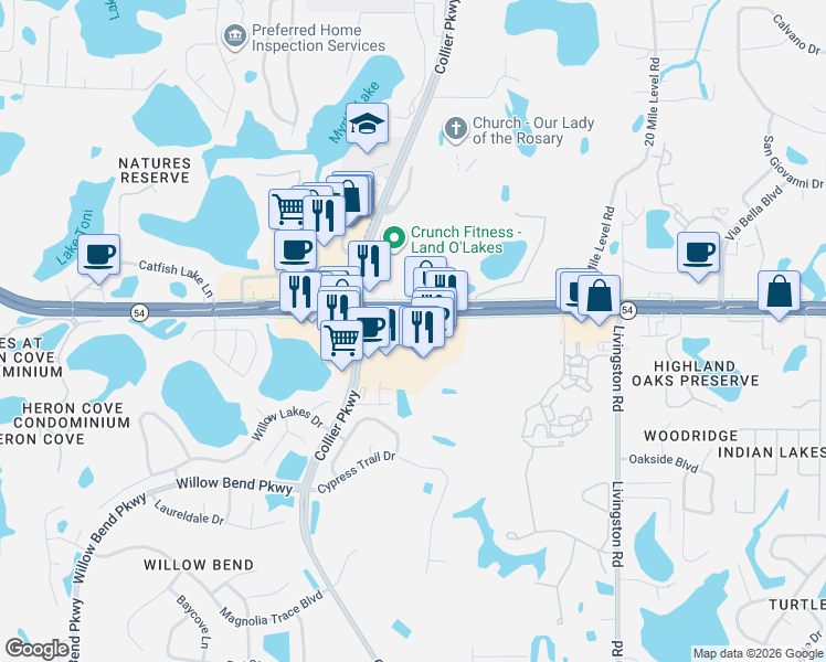 map of restaurants, bars, coffee shops, grocery stores, and more near 23002 Florida 54 in Lutz