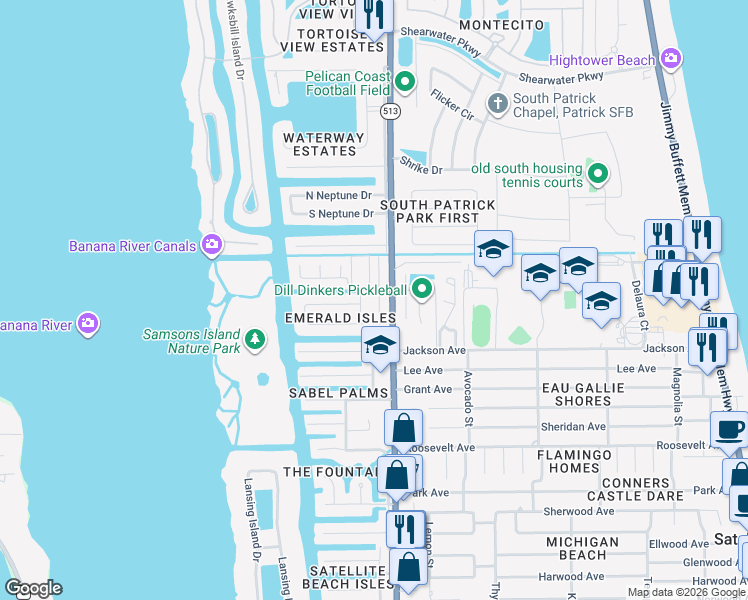 map of restaurants, bars, coffee shops, grocery stores, and more near 62 Emerald Court in Satellite Beach