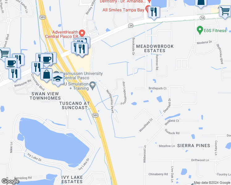 map of restaurants, bars, coffee shops, grocery stores, and more near 17436 Northpointe Parkway in Lutz