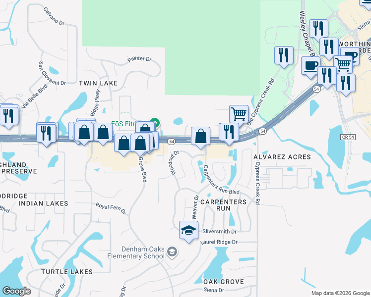 map of restaurants, bars, coffee shops, grocery stores, and more near 1933 Woodcut Drive in Lutz