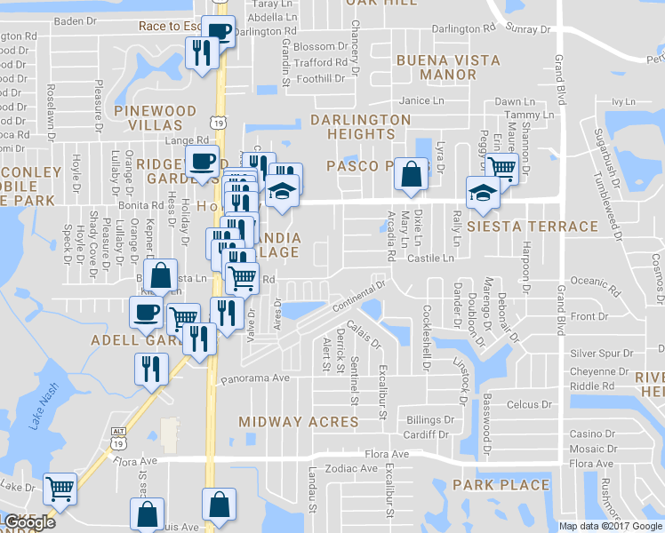 map of restaurants, bars, coffee shops, grocery stores, and more near 1804 Rising Sun Drive in Holiday