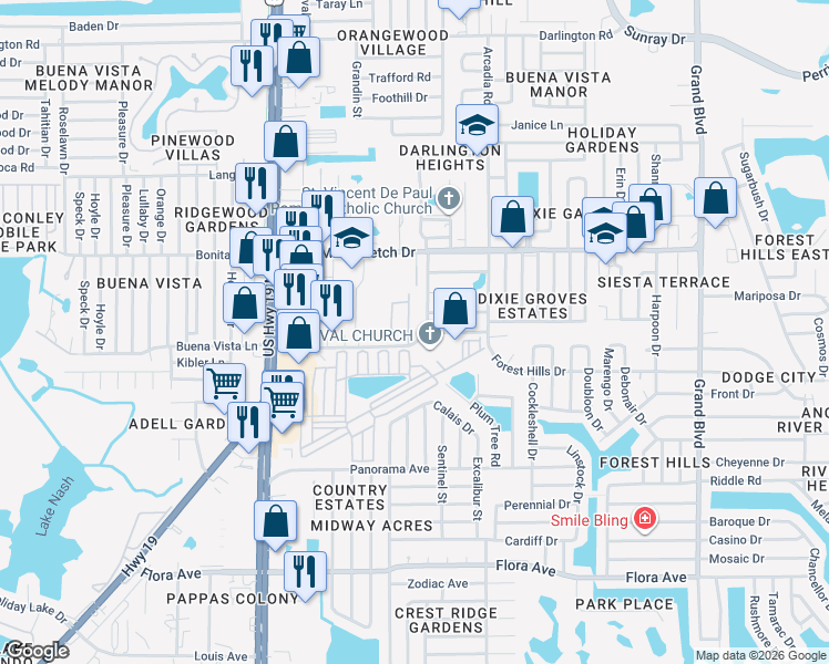 map of restaurants, bars, coffee shops, grocery stores, and more near 4826 Bartelt Road in Holiday