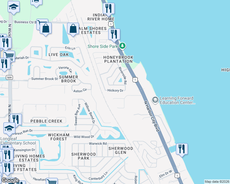 map of restaurants, bars, coffee shops, grocery stores, and more near 2285 Hickory Drive in Melbourne