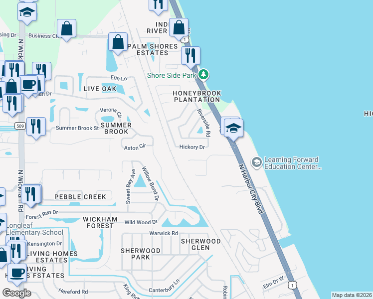 map of restaurants, bars, coffee shops, grocery stores, and more near 2285 Hickory Drive in Melbourne