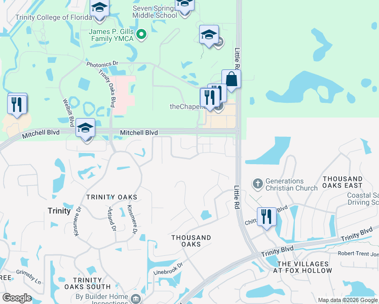 map of restaurants, bars, coffee shops, grocery stores, and more near 8625 Hawbuck Street in Trinity
