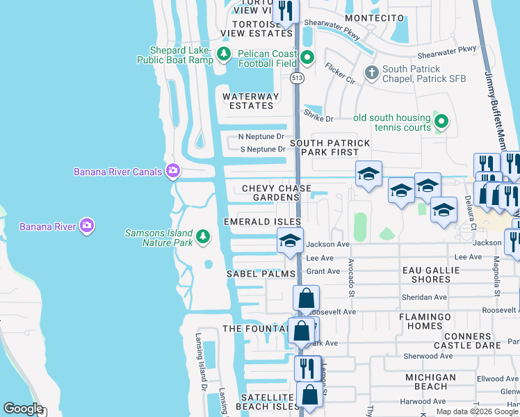 map of restaurants, bars, coffee shops, grocery stores, and more near 652 North Hedgecock Square in Satellite Beach