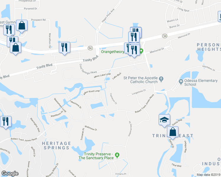 map of restaurants, bars, coffee shops, grocery stores, and more near 1819 Cameron Court in Trinity