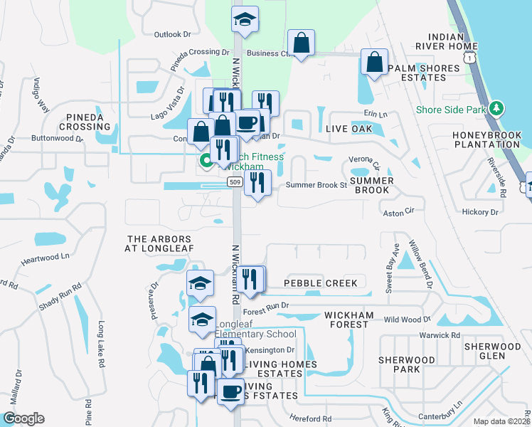 map of restaurants, bars, coffee shops, grocery stores, and more near 2781 Englewood Drive in Melbourne