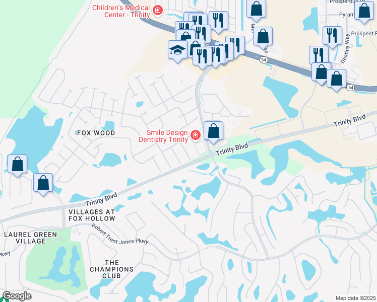 map of restaurants, bars, coffee shops, grocery stores, and more near 1808 Loch Haven Court in Trinity