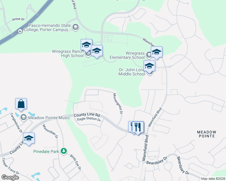 map of restaurants, bars, coffee shops, grocery stores, and more near 29833 Morningmist Drive in Wesley Chapel