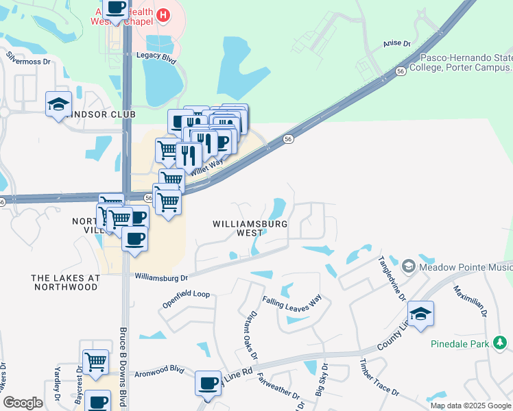 map of restaurants, bars, coffee shops, grocery stores, and more near 28440 Trident Court in Zephyrhills