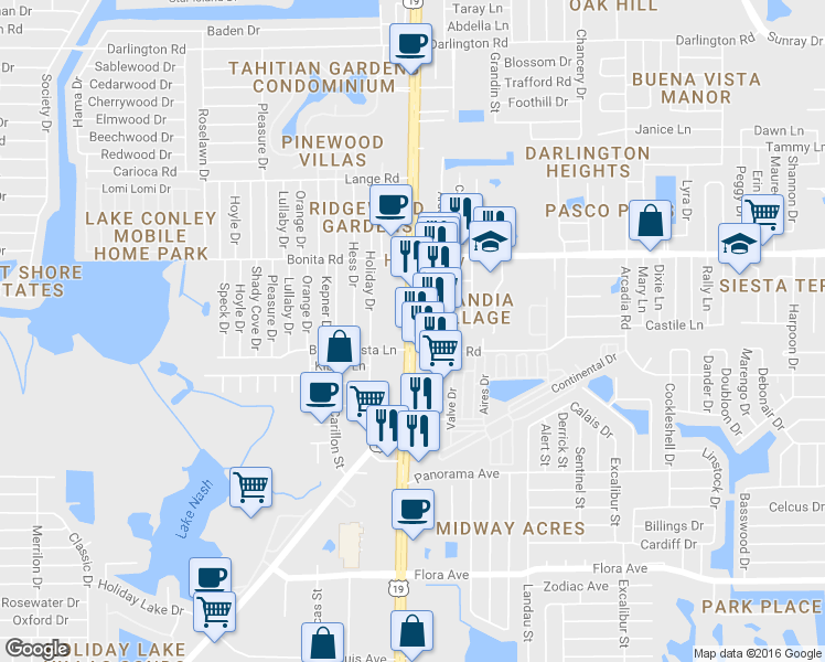 map of restaurants, bars, coffee shops, grocery stores, and more near 1818 U.S. 19 in Holiday