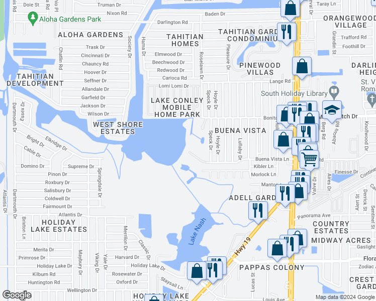 map of restaurants, bars, coffee shops, grocery stores, and more near 3936 Silhouette Lane in Holiday