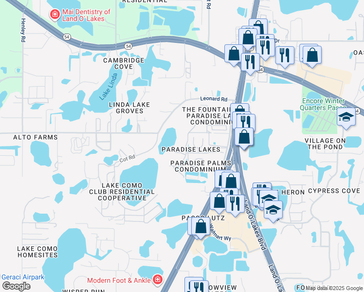 map of restaurants, bars, coffee shops, grocery stores, and more near 20865 Haulover Cove Road in Lutz