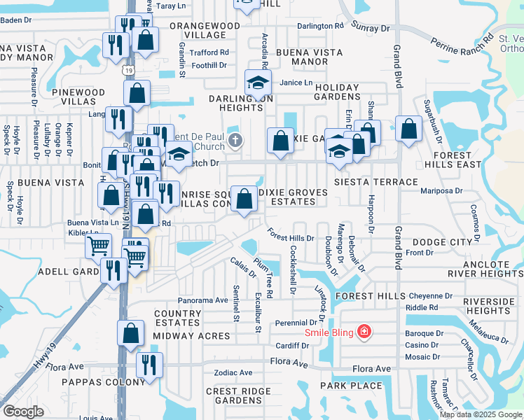 map of restaurants, bars, coffee shops, grocery stores, and more near 4935 Award Street in Holiday