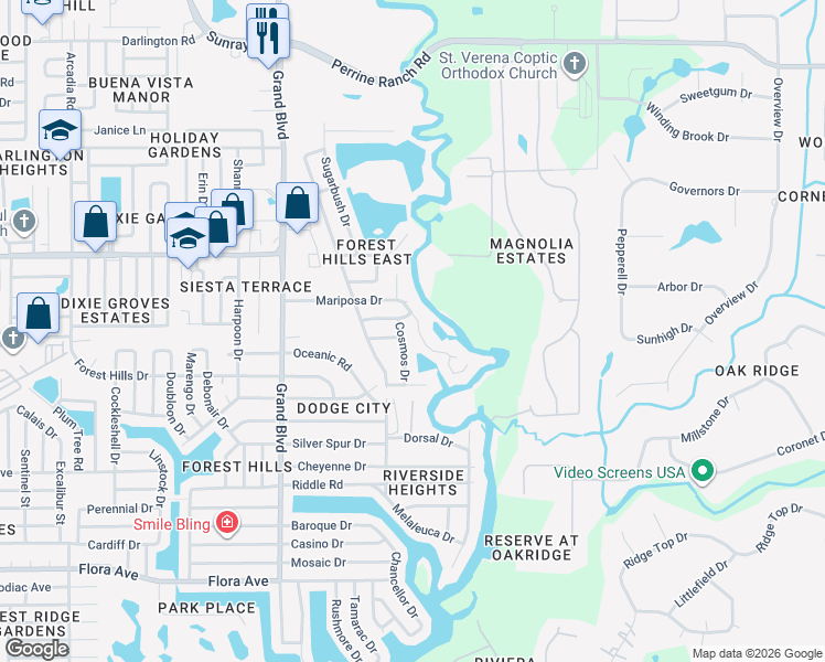 map of restaurants, bars, coffee shops, grocery stores, and more near 5740 Jackpot Way in Holiday