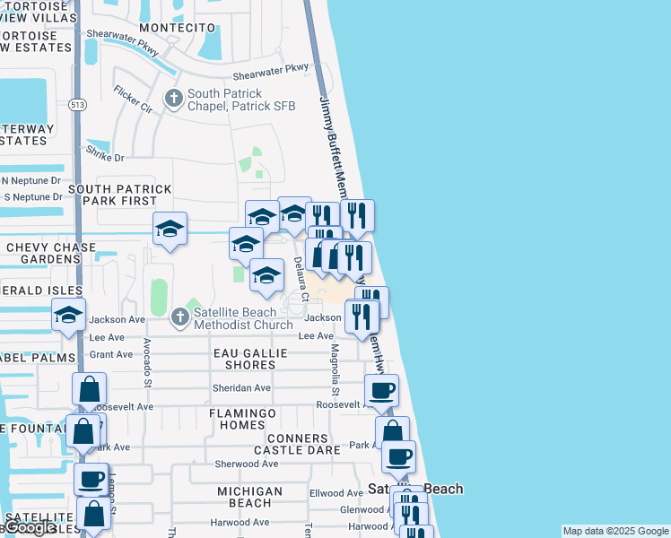 map of restaurants, bars, coffee shops, grocery stores, and more near Florida A1A in Satellite Beach