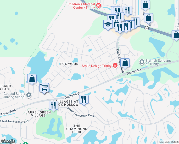 map of restaurants, bars, coffee shops, grocery stores, and more near 10431 Peppergrass Court in Trinity