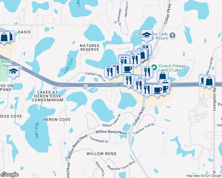 map of restaurants, bars, coffee shops, grocery stores, and more near 22551 Saint Thomas Circle in Lutz