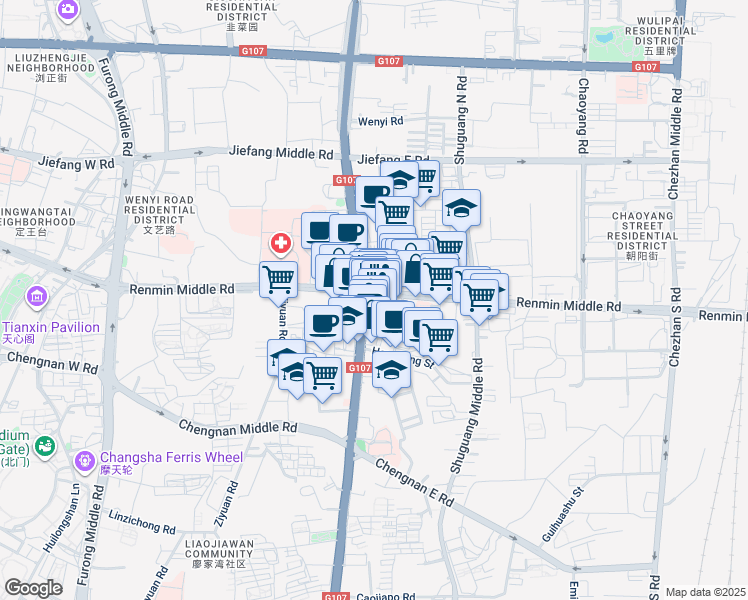 map of restaurants, bars, coffee shops, grocery stores, and more near in Changsha Shi