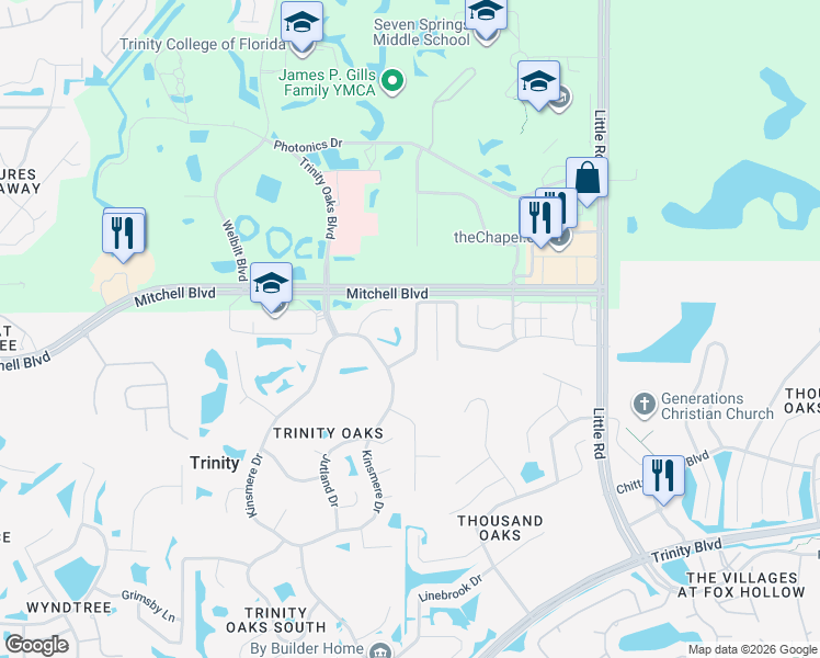 map of restaurants, bars, coffee shops, grocery stores, and more near 8431 Hawbuck Street in Trinity