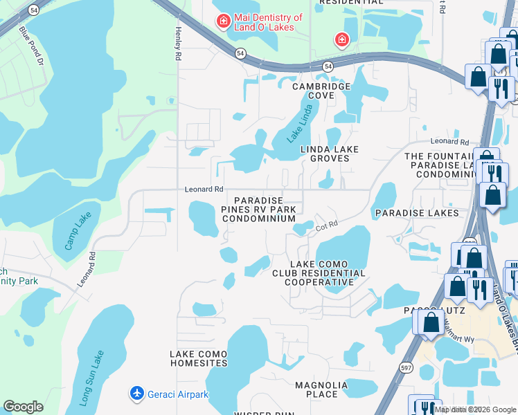 map of restaurants, bars, coffee shops, grocery stores, and more near 20300 Leonard Road in Lutz