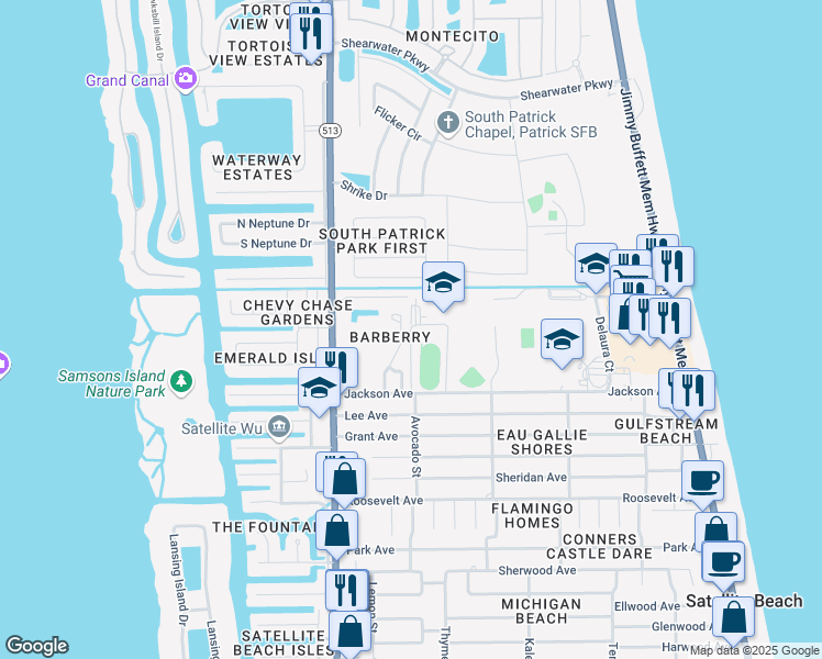 map of restaurants, bars, coffee shops, grocery stores, and more near 50 Holland Court in Satellite Beach