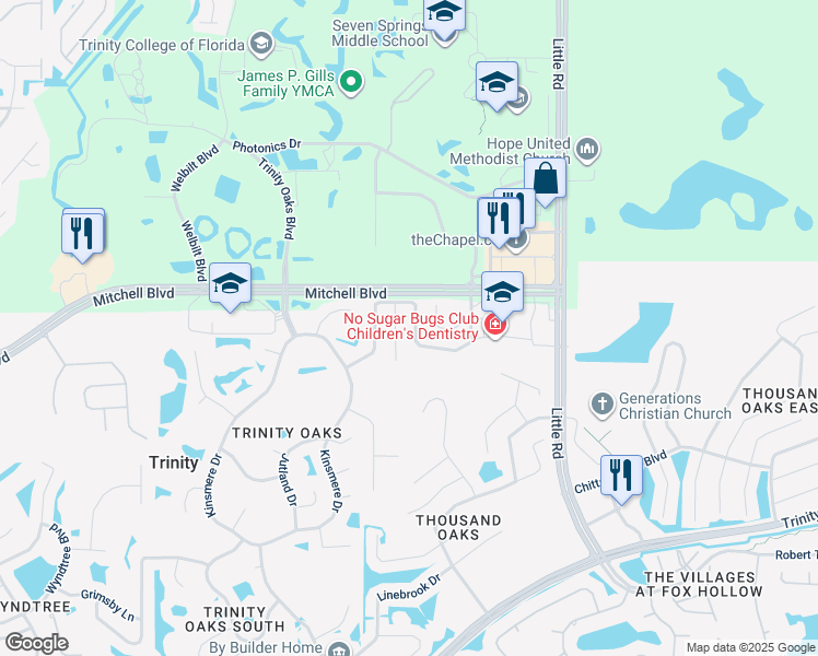 map of restaurants, bars, coffee shops, grocery stores, and more near 8548 Hawbuck Street in Trinity