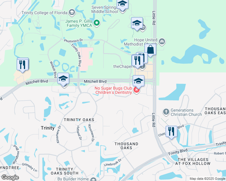 map of restaurants, bars, coffee shops, grocery stores, and more near 8534 Hawbuck Street in Trinity