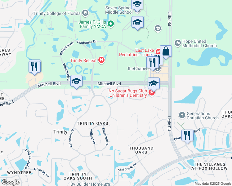 map of restaurants, bars, coffee shops, grocery stores, and more near 8435 Hawbuck Street in Trinity