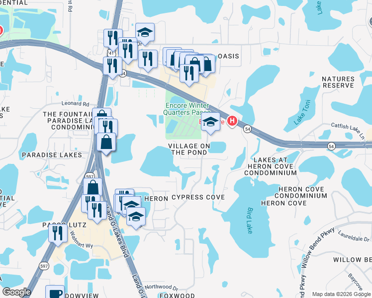 map of restaurants, bars, coffee shops, grocery stores, and more near 1909 Brainerd Court in Lutz