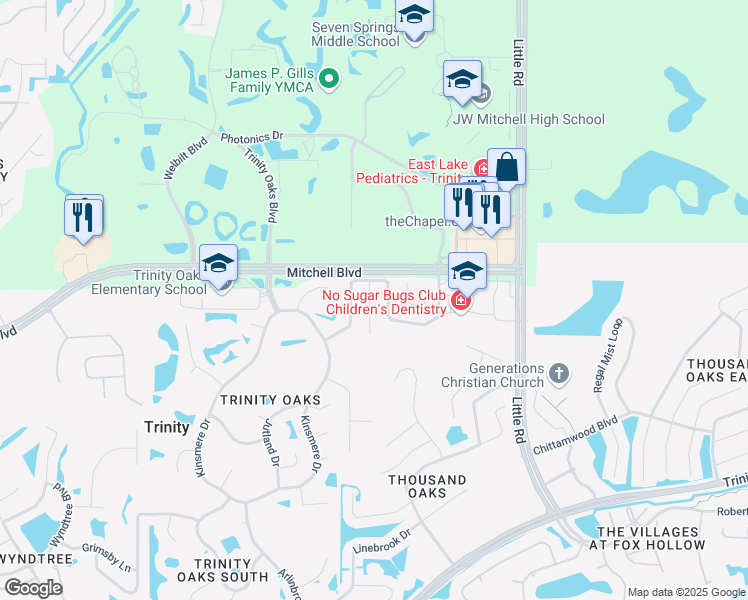 map of restaurants, bars, coffee shops, grocery stores, and more near 1818 Horsechestnut Court in Trinity